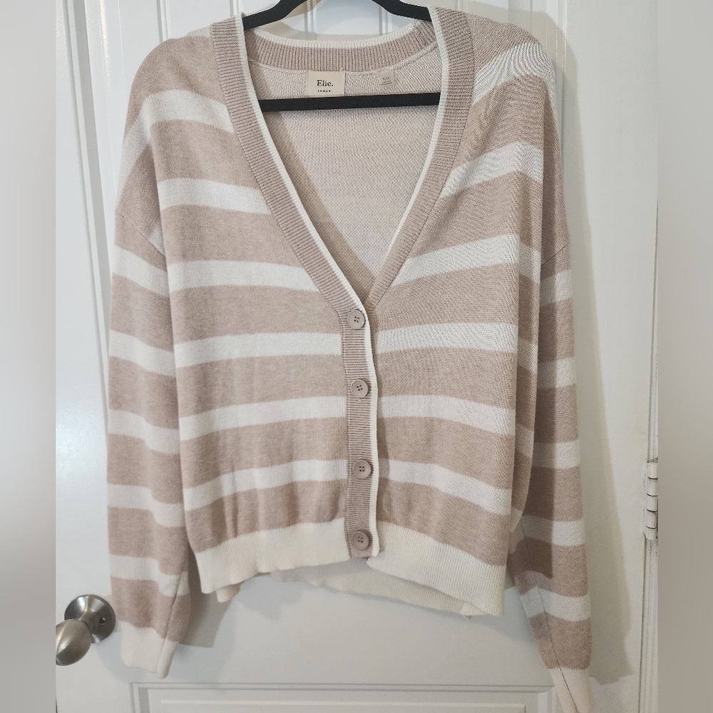 Elie Tahari Beige & Cream Striped Cardigan | Lightweight V-Neck
